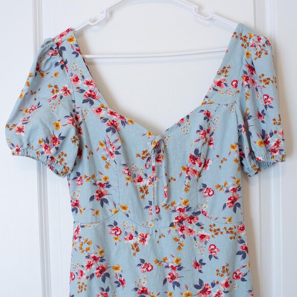L Linen Blend Cottagecore Feminine Ruffle Ditsy Floral Mini Dress City Triangles - Picture 3 of 10